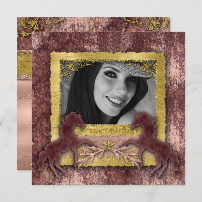 Grad Rosa Dorado Vintage Caballo Oeste Invitación (Anverso / Reverso)