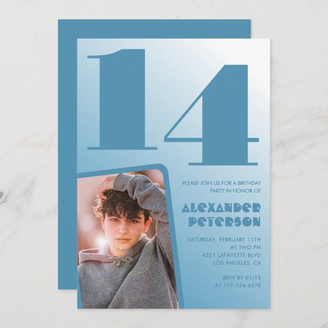 Gradiente azul invitaciones de 14 años Boy Photo (Anverso / Reverso)