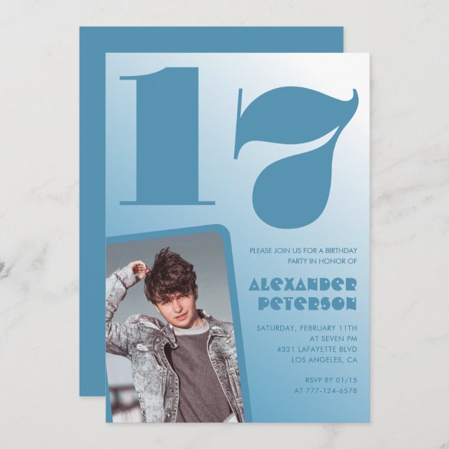 Gradiente azul invitaciones de 17 años Boy Photo (Anverso / Reverso)