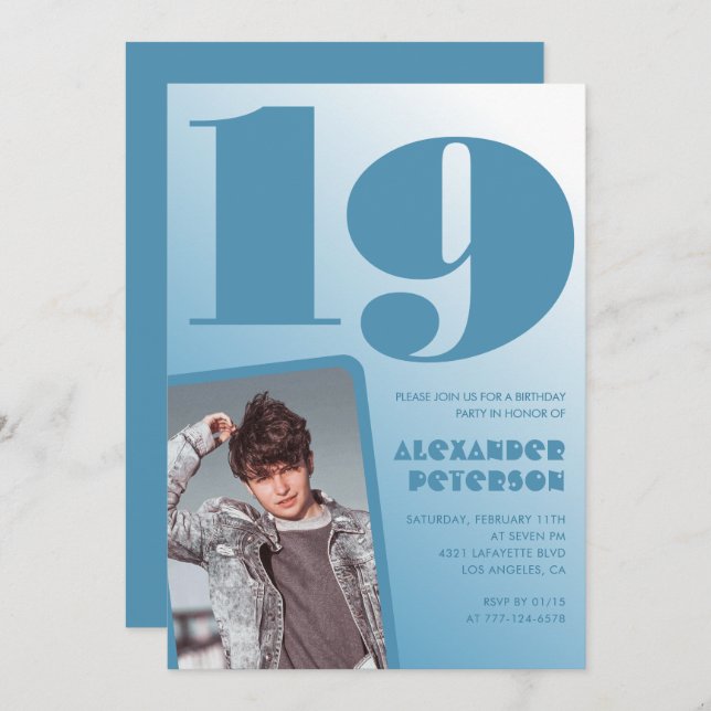 Gradiente azul invitaciones de 19 años Boy Photo (Anverso / Reverso)
