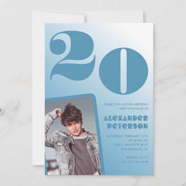 Gradiente azul invitaciones de 20 años Boy Photo (Anverso)