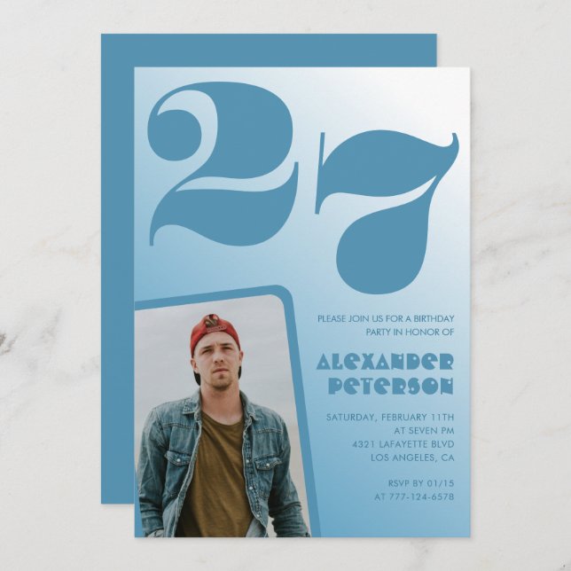 Gradiente azul invitaciones de 27 años Boy Photo (Anverso / Reverso)