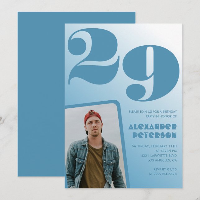 Gradiente azul invitaciones de 29 años Boy Photo (Anverso / Reverso)