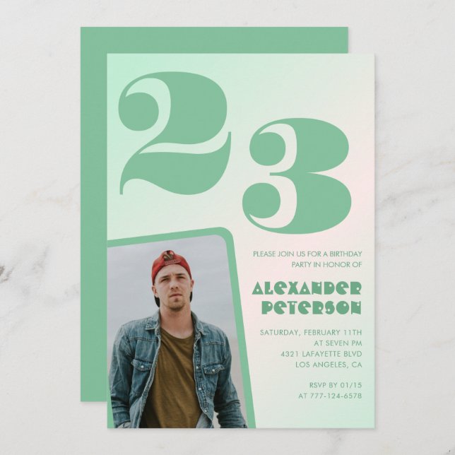 Gradiente verde 23 invitaciones de cumpleaños Foto (Anverso / Reverso)