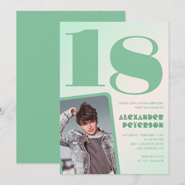 Gradiente verde invitaciones de 18 años Boy Photo (Anverso / Reverso)