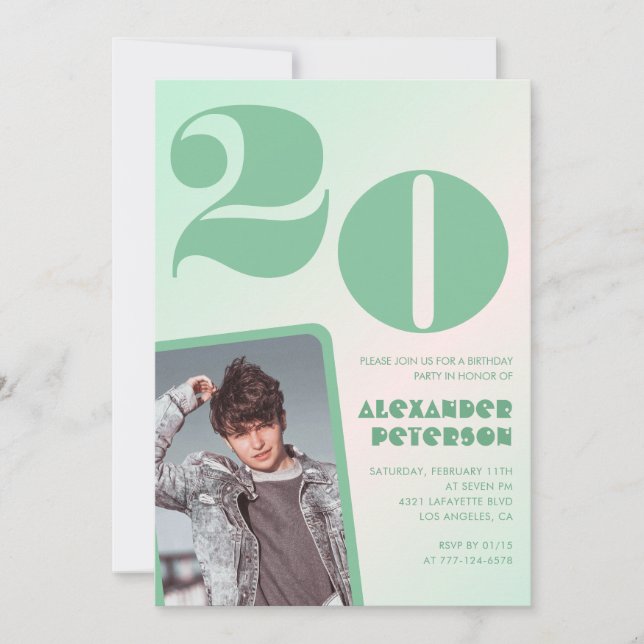 Gradiente verde invitaciones de 20 años Boy Photo (Anverso)