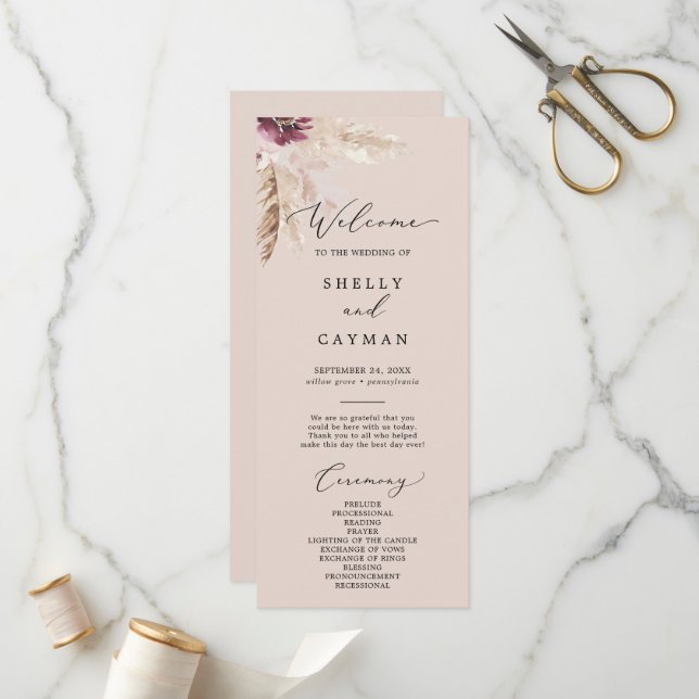 Grado Boho Pampas | Programa de Boda de Peach (Anverso/Reverso In Situ)