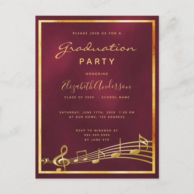 Graduación 2020 Invitación a la música fiesta burd (Anverso)