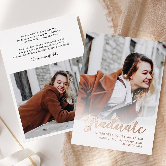 Graduación 2025 Fotos Rosa Invitación de Relieve m (Graduation 2025 Photos Rose Gold Foil Announcement)
