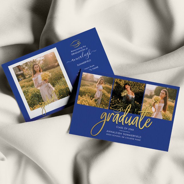 Graduación 2025 Invitación de grado de Collage de  (Graduation Script Photo Collage Royal Blue Announcement)