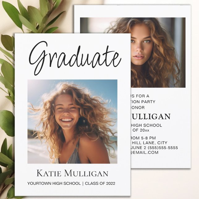 Graduación 2 Foto Partido de Graduación Blanca (Graduation party invitation with 2 photos, printed on both sides.)