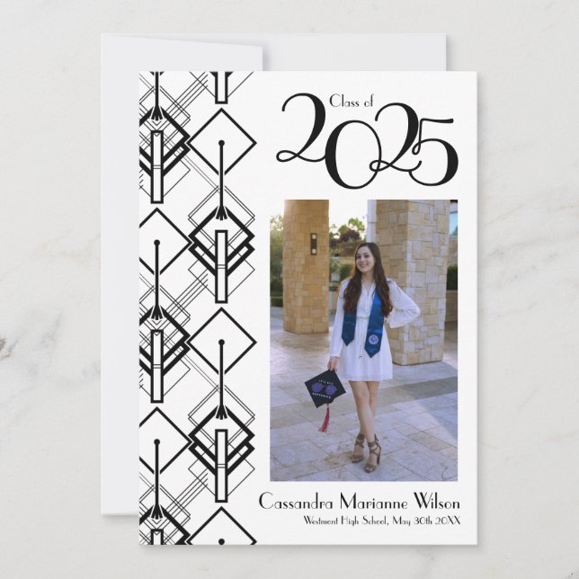 Graduación Art Deco Invitación Blanca Negra (Anverso)