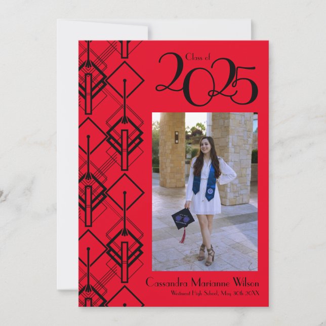 Graduación Art Deco Invitación Roja Negra (Anverso)