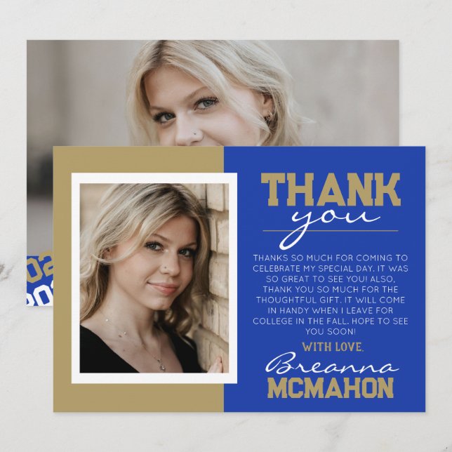 Graduación Azul y Oro 2 Foto Tarjeta de agradecimi (Anverso / Reverso)
