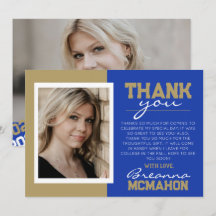 Graduación Azul y Oro 2 Foto Tarjeta de agradecimi