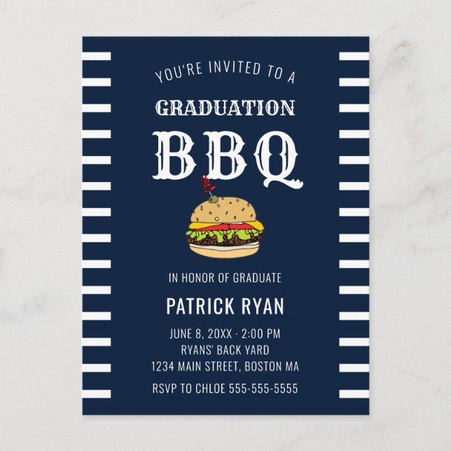 Graduación BBQ Fiesta Blue Stripe Invitación (Anverso)