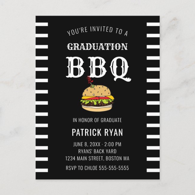 Graduación BBQ Fiesta Invitación de franja blanca  (Anverso)