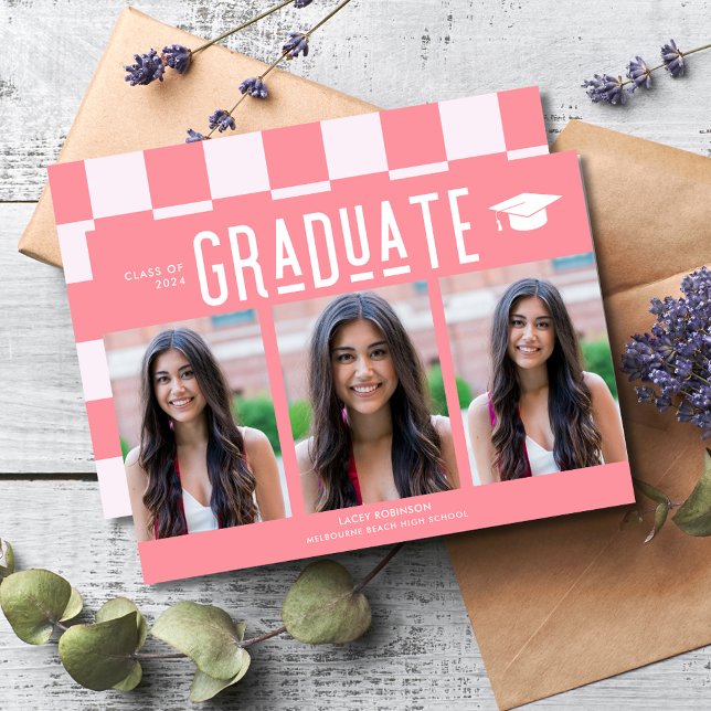 Graduación de bachillerato de foto secundaria de g (Graduate Pink 3 Photo High School Graduation Announcement )