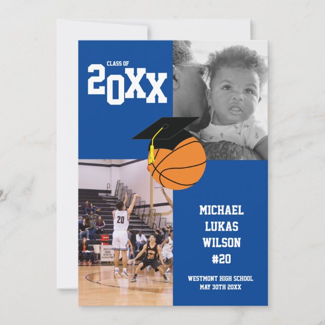 Graduación de baloncesto Deportes Invitación Azul (Anverso)