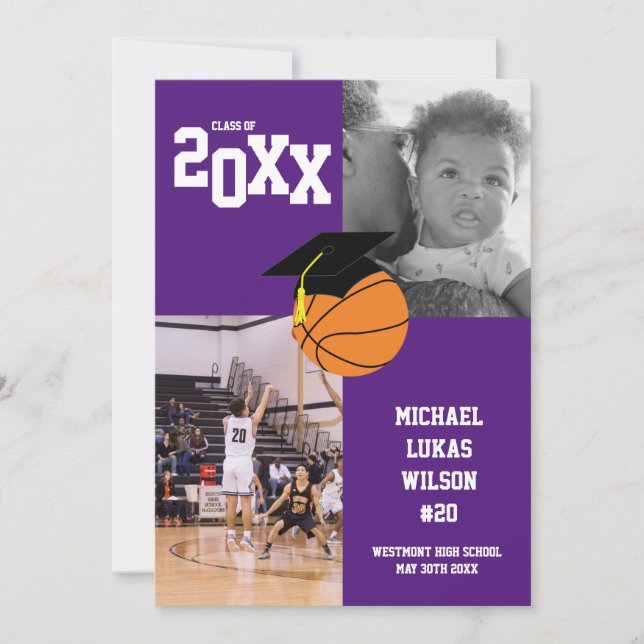 Graduación de baloncesto Deportes Invitación púrpu (Anverso)