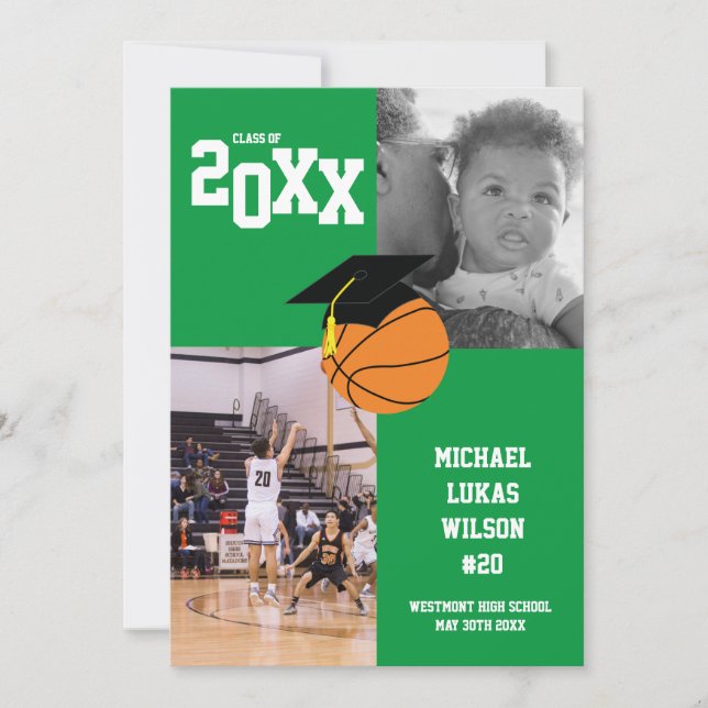 Graduación de baloncesto Deportes Invitación Verde (Anverso)