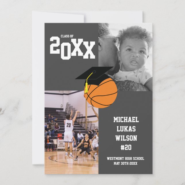 Graduación de baloncesto Invitación gris deportiva (Anverso)