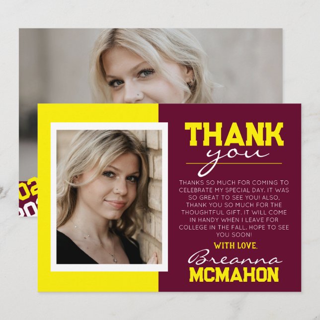 Graduación de Borgoña Amarilla 2 Tarjeta de agrade (Anverso / Reverso)