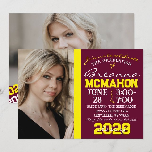 Graduación de Borgoña y Amarillo 2 Invitación a la (Anverso / Reverso)