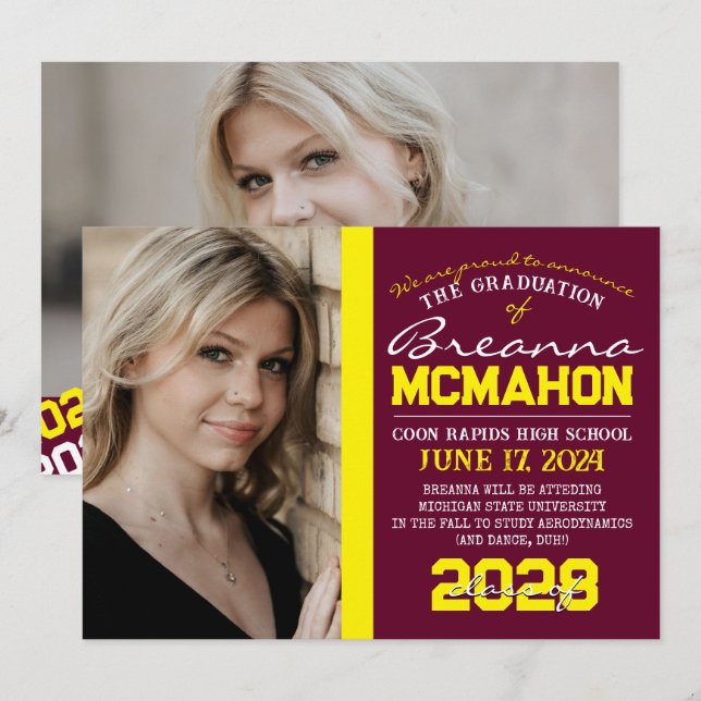 Graduación de Borgoña y Amarillo 2 Invitación de f (Anverso / Reverso)