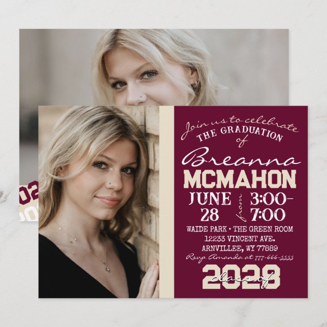 Graduación de Borgoña y Crema 2 Invitación a la fo (Anverso / Reverso)