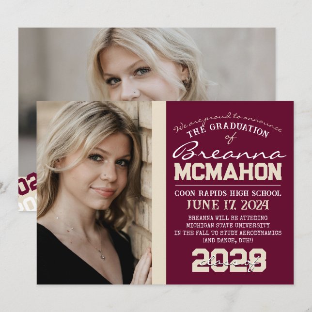 Graduación de Borgoña y Crema 2 Invitación fotográ (Anverso / Reverso)
