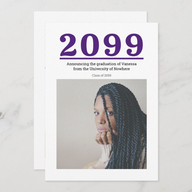 Graduación de dos fotos en números morados grandes (Anverso / Reverso)