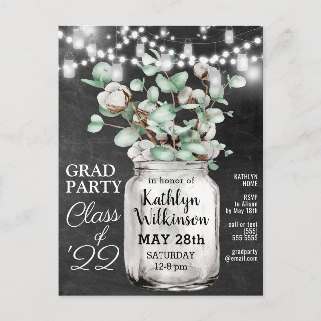 Graduación de Eucalyptus Mason Jar 3 Invitación a  (Anverso)