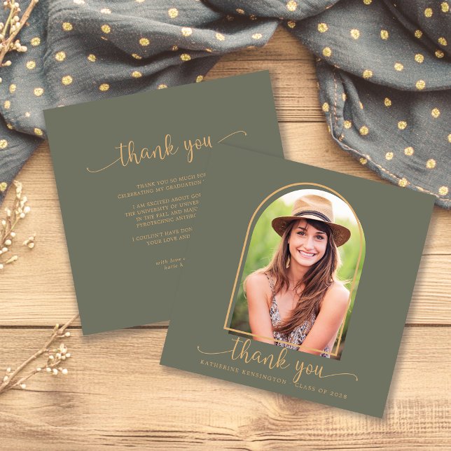 Graduación de foto del Sage Green Gold Arch Gracia (Sage Green Gold Arch Photo Graduation Thank You Card)