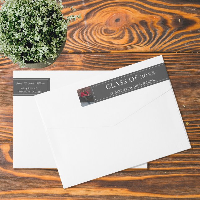 Graduación de fotografía minimalista | Dirección g (Gray Minimalist Photo Graduation Address Wrap Around Label)