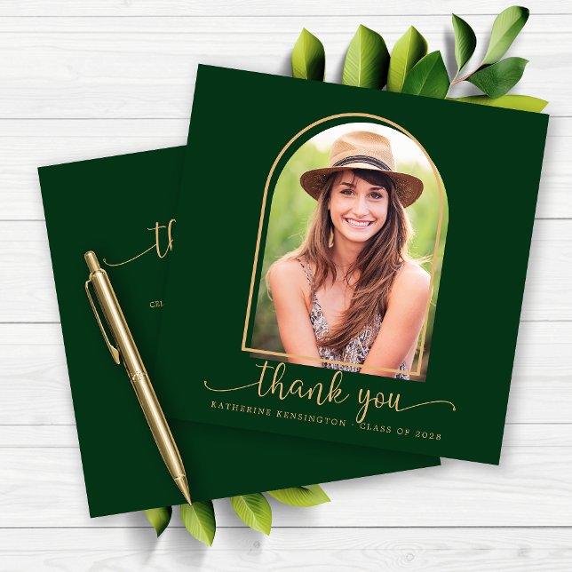 Graduación de fotos del Green Gold Arch Gracias (Green Gold Arch Photo Graduation Thank You Card)