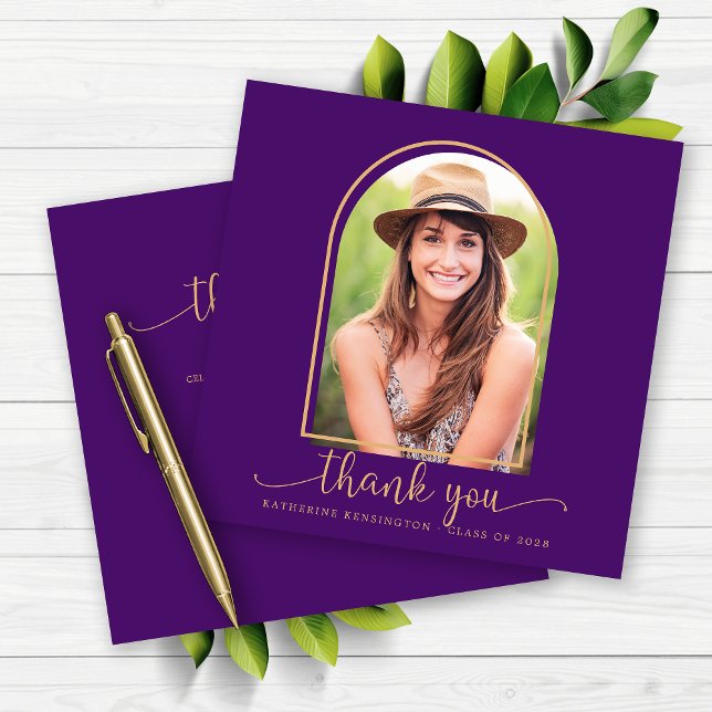 Graduación de fotos del Real Arco de Oro Púrpura G (Royal Purple Gold Arch Photo Graduation Thank You Card)
