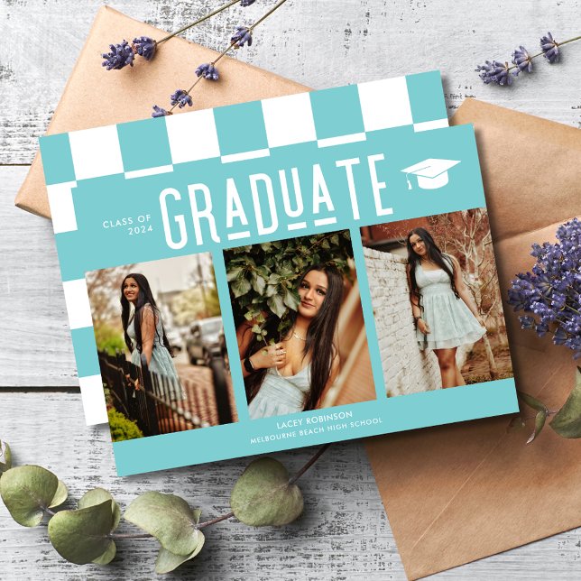 Graduación de fotos en tablero Verde azulado de gr (Graduate Teal Checkerboard 3 Photo Graduation Announcement)