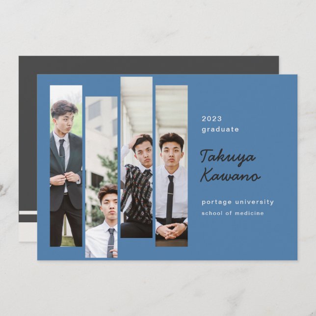Graduación de fotos Invitación negra azul cobalto (Anverso / Reverso)