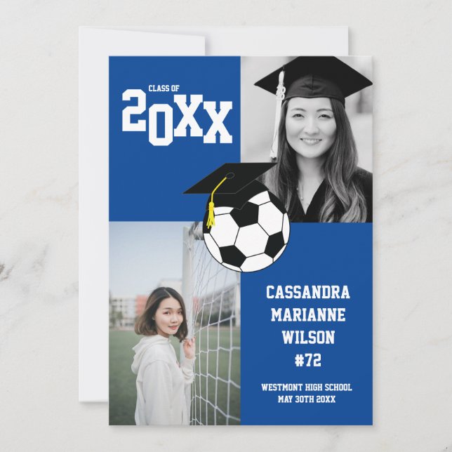 Graduación de fútbol Invitación blanca azul de dep (Anverso)