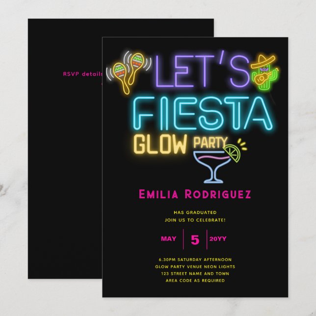 Graduación de la Fiesta Glow Invitación Fiesta de  (Anverso / Reverso)
