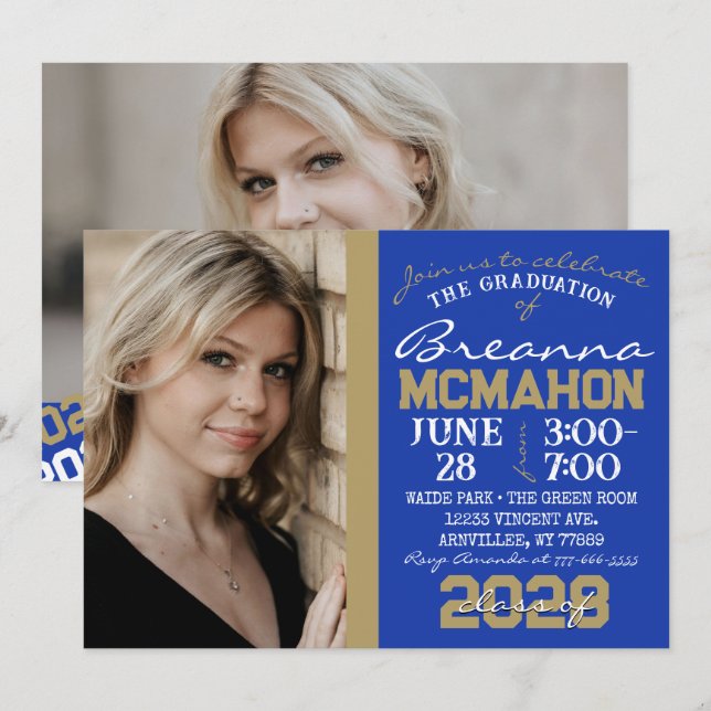 Graduación de oro azul y bronce 2 Invitación de fo (Anverso / Reverso)