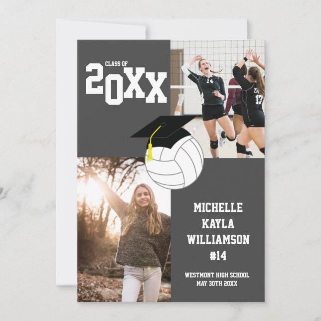 Graduación de voleibol deportes Invitación gris (Anverso)
