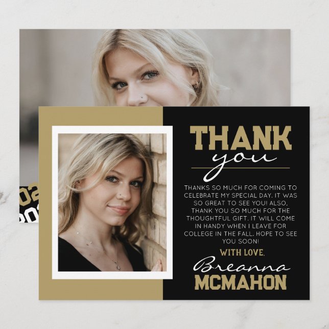 Graduación en negro y bronce 2 tarjeta de agradeci (Anverso / Reverso)