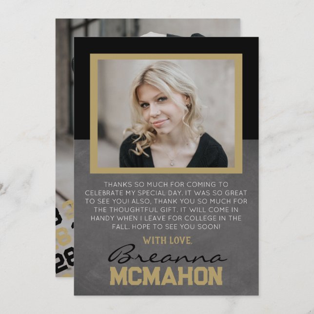 Graduación en negro y bronce 2 tarjeta de agradeci (Anverso / Reverso)