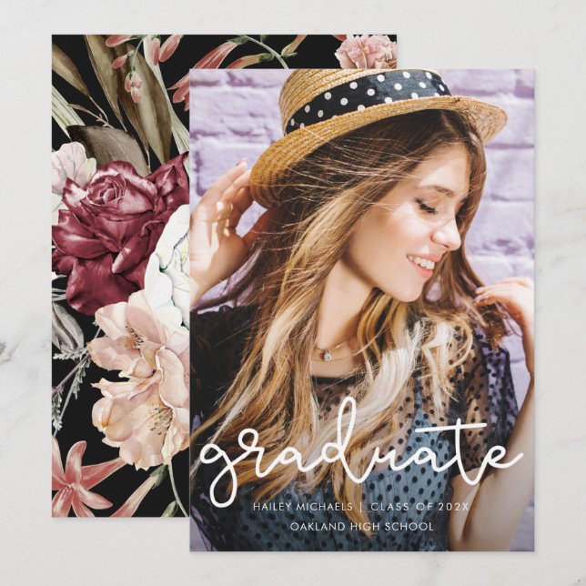 Graduación floral de bonito Invitación de foto neg (Anverso / Reverso)