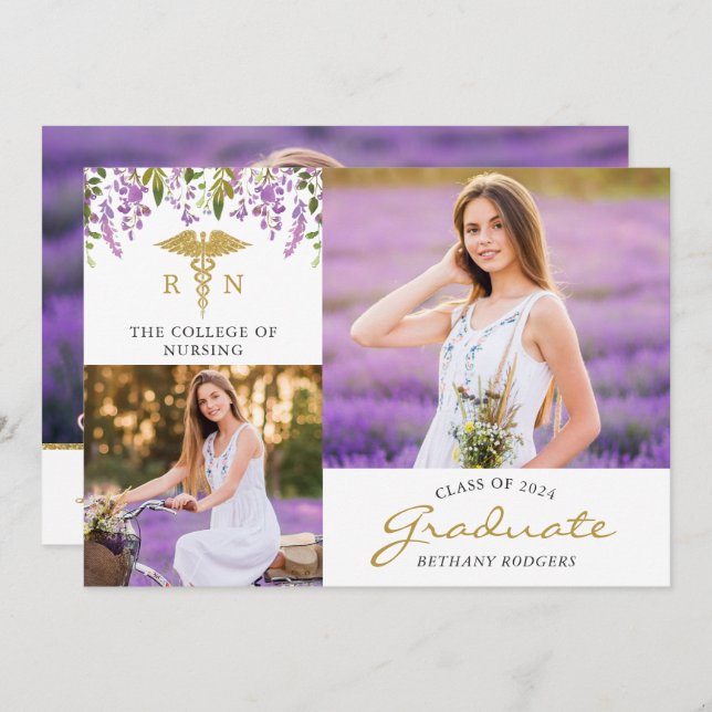 Graduación floral de Enfermería RN 3 Invitación fo (Anverso / Reverso)
