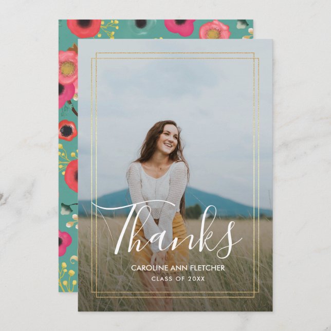 Graduación floral moderna Gracias tarjeta fotográf (Anverso / Reverso)