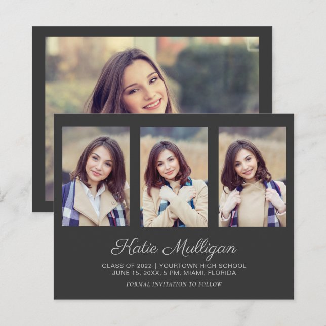 Graduación fotográfica Gris 4 Invitación de fecha  (Anverso / Reverso)