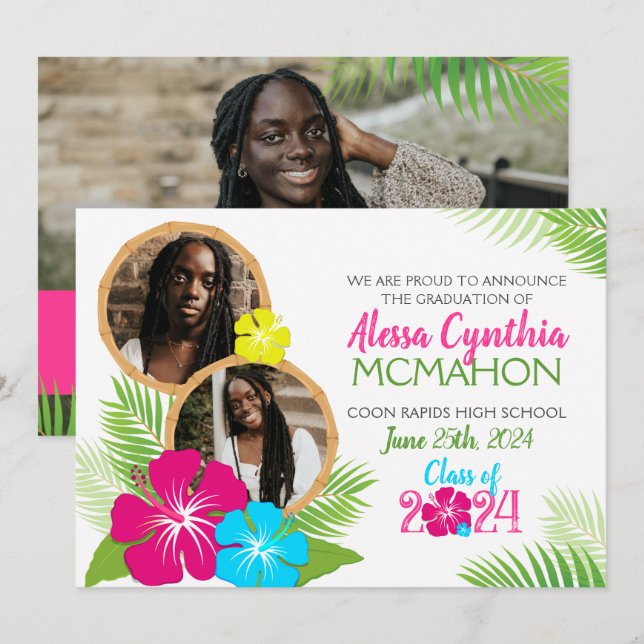 Graduación hawaiana Luau 3 Invitación fotográfica (Anverso / Reverso)